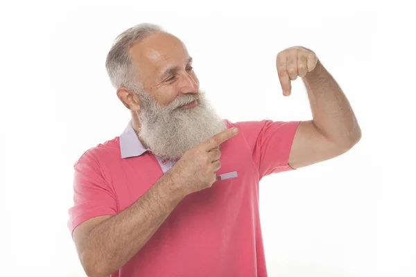 Retrato Homem Barbudo Sorridente Apontando Dedos Isolados Fundo Branco — Fotografia de Stock