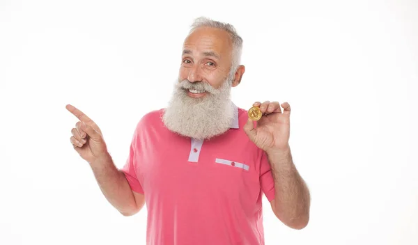 Gold Bitcoin Funny Bearded Man Hand Digital Symbol New Virtual — Stock Photo, Image