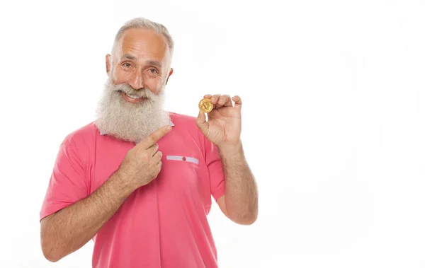 Gold Bitcoin Funny Bearded Man Hand Digital Symbol New Virtual — Stock Photo, Image