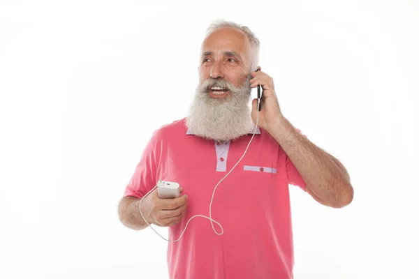 Estúdio Tiro Homem Barbudo Sênior Feliz Sorrindo Carregar Falar Telefone — Fotografia de Stock