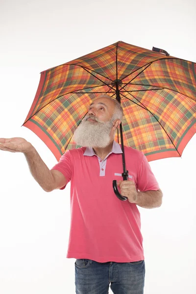 Skydd Koncept Senior Affärsman Med Paraply Känsla För Regn — Stockfoto
