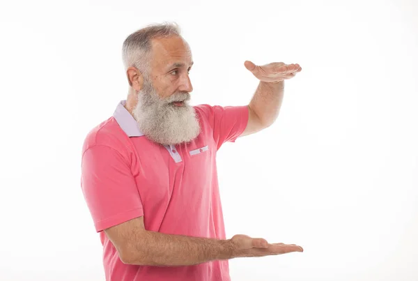 Glücklich Lächelnder Älterer Bärtiger Mann Der Etwas Fantastisches Der Hand — Stockfoto