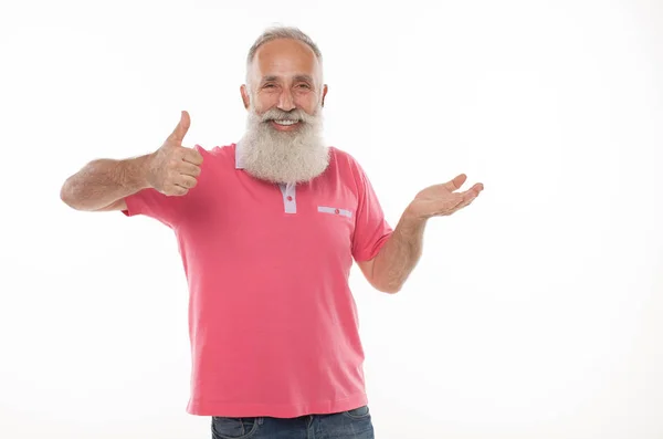 Lyckligt Leende Senior Bearded Man Håller Något Imaginärt Hand — Stockfoto