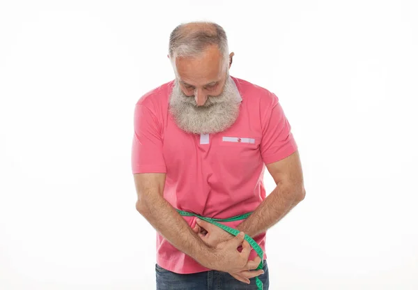 Homem Sênior Medindo Cintura Com Uma Fita Perder Peso Conceito — Fotografia de Stock