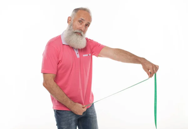 Senior Man Measuring Tape Potency Concept Bearded Man Measure Penis — Stock Photo, Image