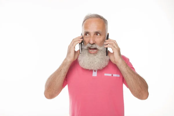 Discussão Acalorada Velho Cabelos Brancos Tendo Uma Conversa Telefone Gesticulando — Fotografia de Stock