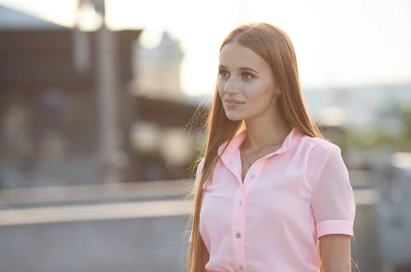 Young Smiling Red Hair Woman Outdoors Portrait Soft Sunny Colors — Stock Photo, Image