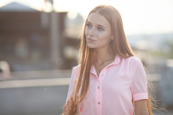 Young Smiling Red Hair Woman Outdoors Portrait Soft Sunny Colors — Stock Photo, Image