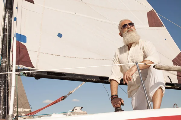Sailing Age Tourism Travel People Concept Senior Man Sail Boat — Stock Photo, Image