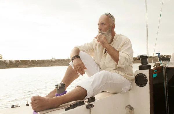 Senior Vaping Enjoying Electronic Cigarette Iqos Bearded Man Vape Yacht — Stock Photo, Image