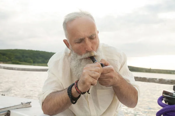 Old Sailor His Boat Smoking — Stock Photo, Image