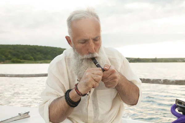 Old Sailor His Boat Smoking — Stock Photo, Image