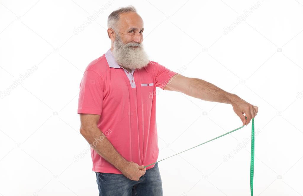 Senior man with measuring tape. Potency concept. Bearded man measure penis size.