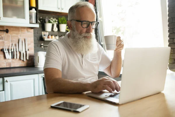 Bearded Senior man in living-room using laptop computer