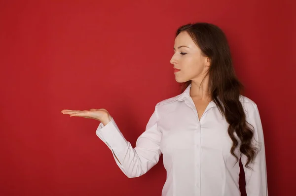 Beautiful Woman Showing Presenting Something Palm Her Hand — Stock Photo, Image