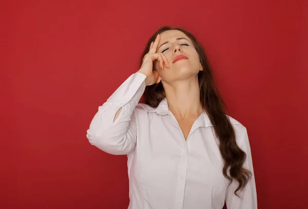 Businesswoman Headache Holding Head Isolated Red Background — Stock Photo, Image