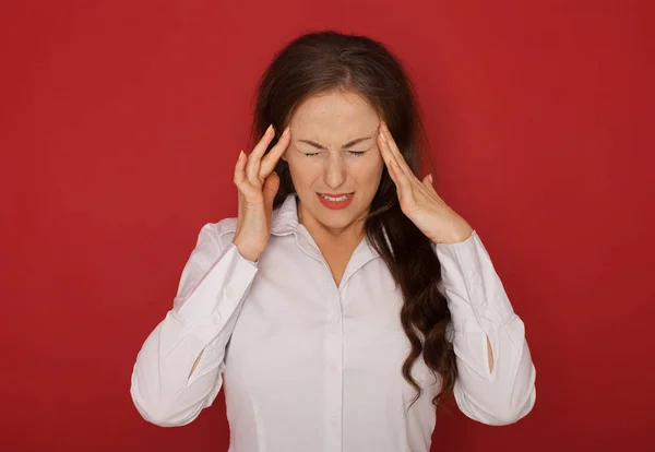 Businesswoman Headache Holding Head Isolated Red Background — Stock Photo, Image