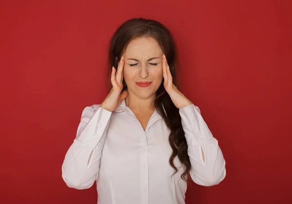 Businesswoman Headache Holding Head Isolated Red Background — Stock Photo, Image