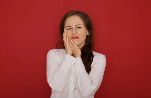 Teeth Problem Woman Feeling Tooth Pain Closeup Beautiful Sad Girl — Stock Photo, Image