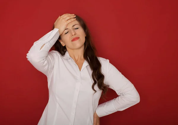 Businesswoman Headache Holding Head Isolated Red Background — Stock Photo, Image