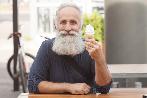 Happy Senior Man Eating Ice Cream Cone — Stock Photo, Image