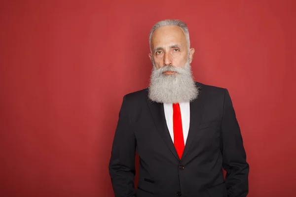 Pensive man look in camera. Styling old man with a long white beard posing on the red background in modern strict suit. Portrait of modern Santa Claus.
