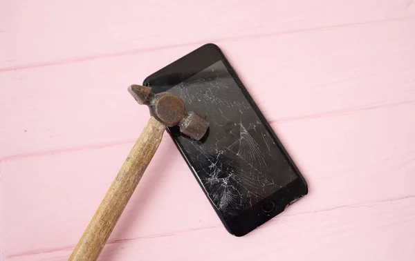 Smashed Phone Screen Table Hammer — Stock Photo, Image