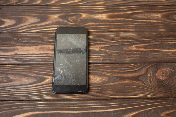 Modern Broken Mobile Phone Old Wooden Background — Stock Photo, Image
