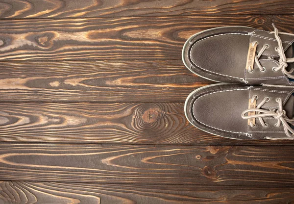 Man Brown Shoes Wooden Background — Stock Photo, Image