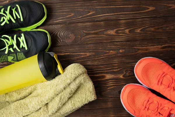 Sports Equipment Sneakers Water6 Towel Sport Background Wooden Floor Top — Stock Photo, Image