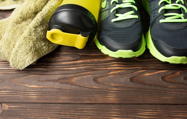Sports Equipment Sneakers Water6 Towel Sport Background Wooden Floor Top — Stock Photo, Image