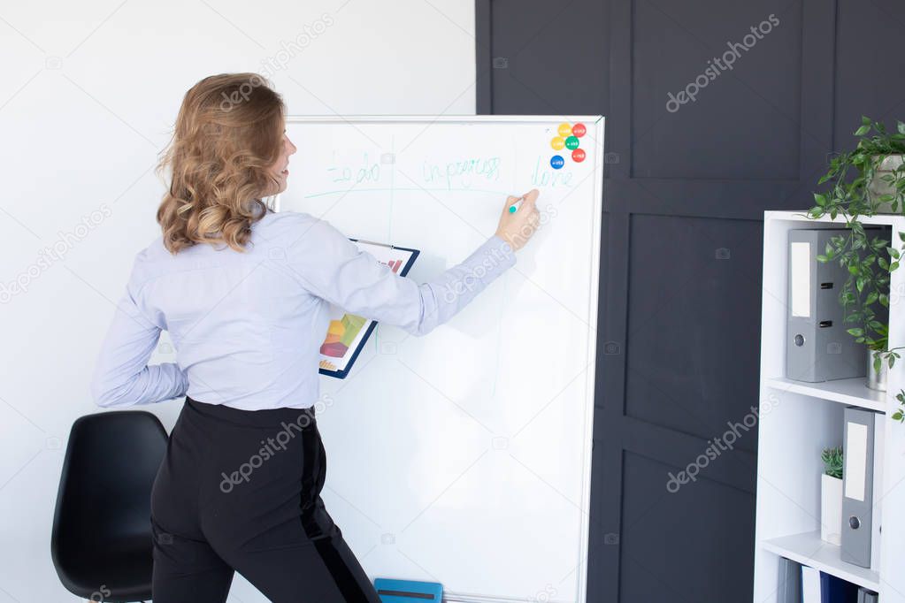 Young woman in an office writing on a whiteboard, close up