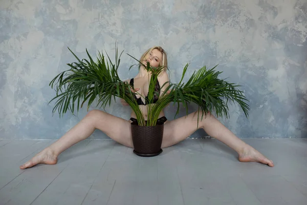 Mooie Naakte Vrouw Poseren Bed Grote Borsten Erotische Lingerie — Stockfoto