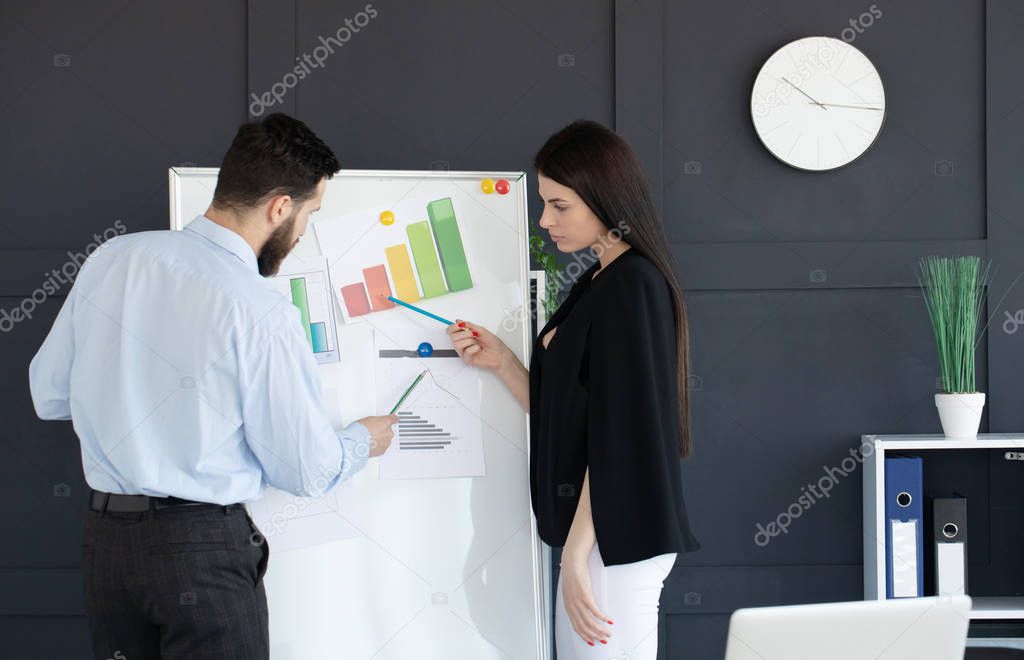 Future business leader concept. Group of young business team discussing work together in modern office. Handsome white business man and beautiful woman reviewing work together on white board.