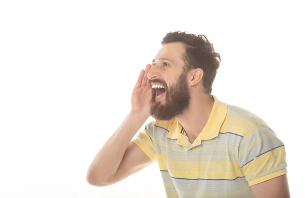 Atención Primer Plano Retrato Joven Morena Barbudo Hombre Camiseta Está — Foto de Stock