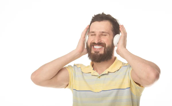 Jovem Feliz Com Auscultadores Ouvir Música — Fotografia de Stock