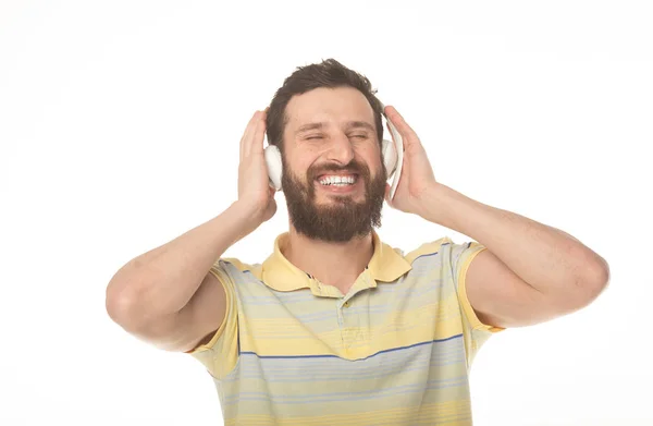 Glad Ung Man Med Hörlurar Att Lyssna Musik — Stockfoto