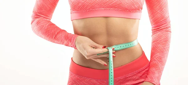 Athletic Slim Woman Measuring Her Waist Measure Tape Diet White — Stock Photo, Image