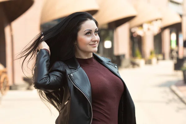 Amazing Joyful Pretty Girl Long Brunette Hair Posing Outdoor Leather — Stock Photo, Image