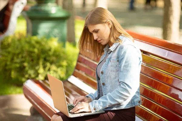 公園に座ってノートパソコンを操作する若い実業家 ビジネス ライフスタイルの概念 — ストック写真