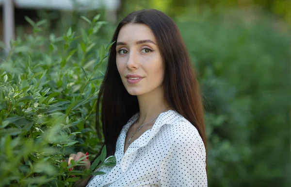 Portrait Young Smiling Brunette Woman Posing Outdoors — Stock Photo, Image