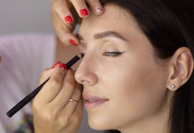 Makyaj sanatçı göz farları uygular. Makyaj ustasının eli, model gözleri boyama.