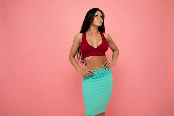 Beautiful Happy Brunette Young Woman Posing Red Bra Green Skirt — Stock Photo, Image