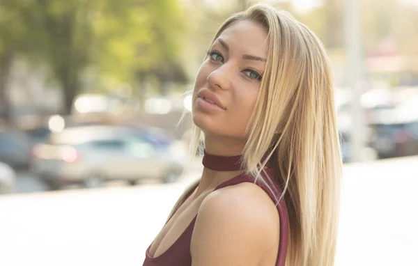 Portrait Young Blonde Woman Burgundy Dress Posing Urban Background — Stock Photo, Image