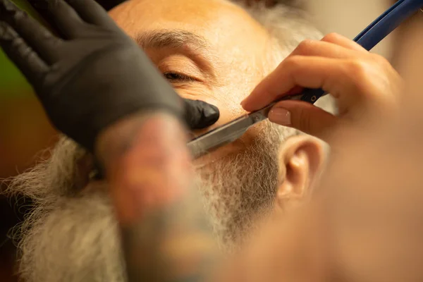 Senior Man Visiting Hairstylist Barber Shop — Stock Photo, Image