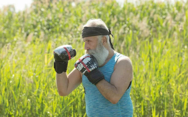 Healthy fighter bearded senior old man boxing gloves. Boxer with boxing glove.Handsome mature man practicing boxing kicks.