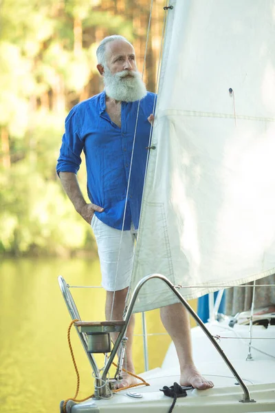 Sailing Age Tourism Travel People Concept Bearded Senior Man Sail — Stock Photo, Image