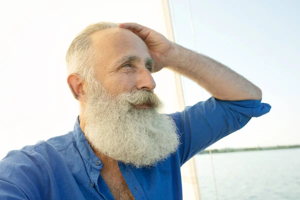 Sailing Age Tourism Travel People Concept Bearded Senior Man Sail — Stock Photo, Image