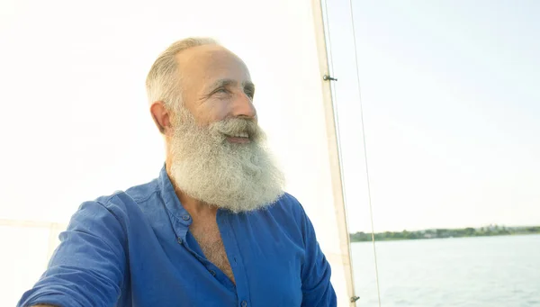 Sailing Age Tourism Travel People Concept Bearded Senior Man Sail — Stock Photo, Image
