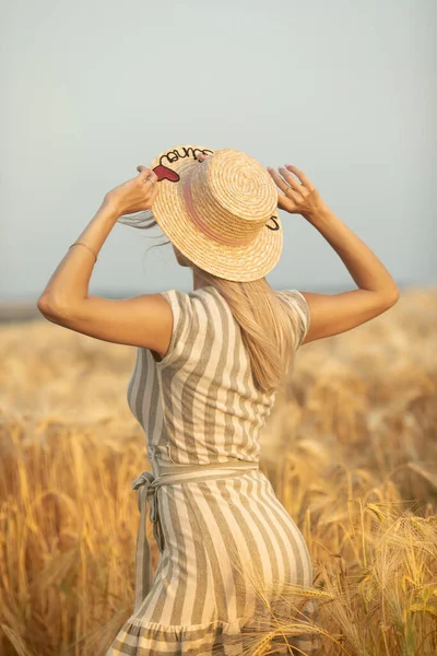 小麦の牧草地で帽子を持つ美しい屈託のない女性 — ストック写真
